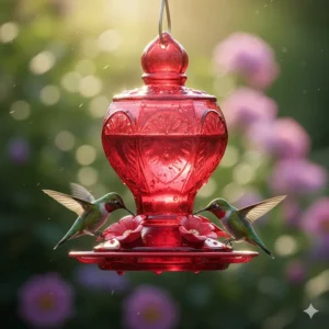 A brightly colored red glass small hummingbird feeder with multiple nectar ports, sized appropriately for a small garden.