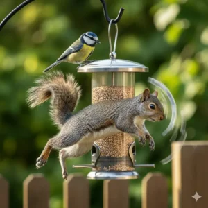 An action illustration demonstrating a spinning bird feeder that quickly rotates when a squirrel lands on it, causing the squirrel to harmlessly lose its grip.