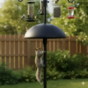 A dome-shaped squirrel baffle mounted on a bird feeder pole below the feeders to prevent pests from climbing.