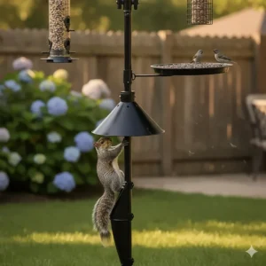 A cone-shaped squirrel baffle mounted correctly onto the heavy duty bird feeder pole, preventing pests from climbing up to the feeders.