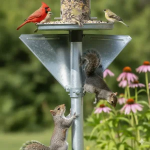 A wide, conical metal squirrel baffle installed beneath a tray-style bird feeder on a smooth, cylindrical post to deter climbing pests.