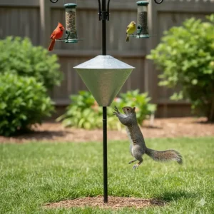 A grey squirrel unsuccessfully attempting to climb a bird feeder pole with a protective guard.