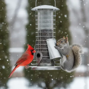 A weight-sensitive squirrel proof bird feeder for cardinals showing a bird feeding while the shroud remains open.