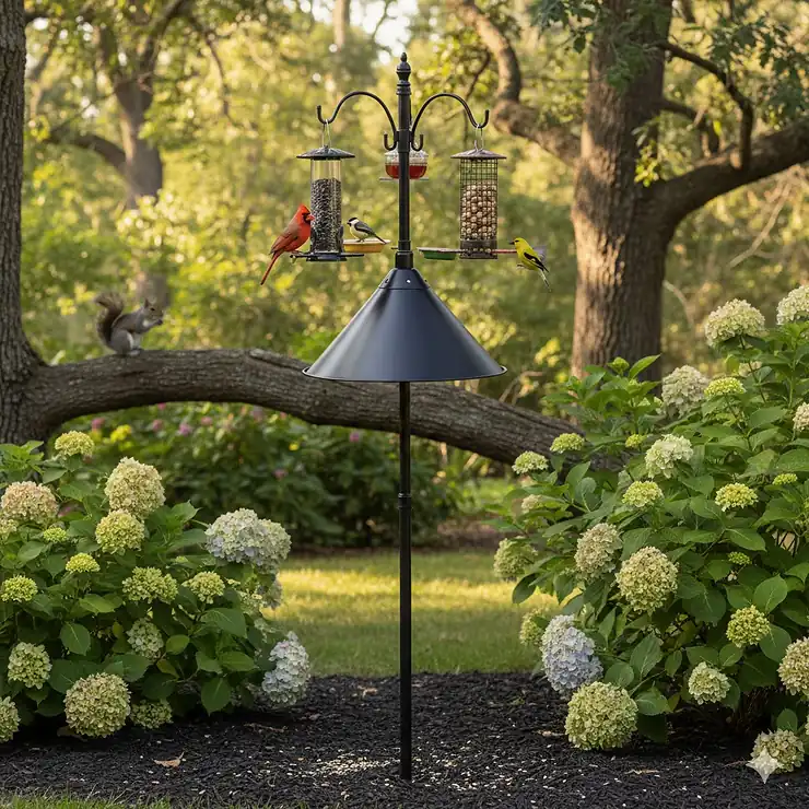 A heavy-duty squirrel proof bird feeder pole with a metal baffle installed in a backyard garden.