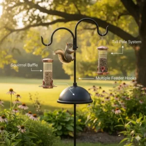 A tall, multi-arm pole system with specialized bird feeder hooks designed to deter squirrels.