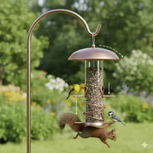 A diagram of a weight-activated, squirrel-proof hanging feeder design with a protective metal baffle above it.