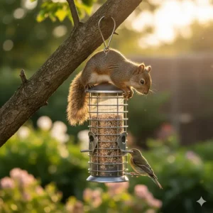 A decorative tube-style small bird feeder with a weight-activated perch to deter squirrels and large pest birds.