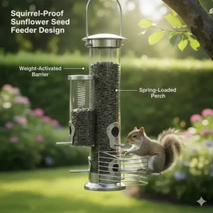 Illustration demonstrating a weight-sensitive squirrel-proof mechanism on a sunflower seed bird feeder.