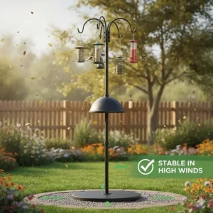 A visual emphasizing the wide base or heavy gauge steel of a stable bird feeder pole designed to withstand high winds.
