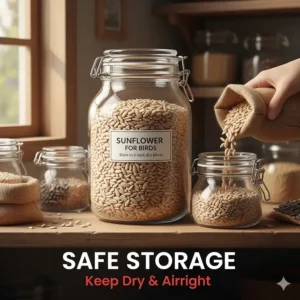 A graphic showing how to store sunflower kernels for birds in a cool, airtight container.