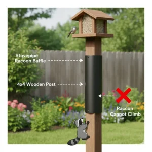 An illustration of a stovepipe-style raccoon baffle installed on a 4x4 wooden bird feeder post.