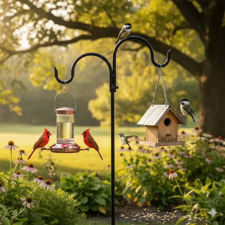 A close-up view of a sturdy, black metal bird feeder hook securely holding a large, tube-style bird feeder in a backyard garden. bird feeder hooks