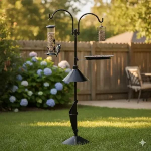 A view of the fully assembled heavy duty bird feeder pole standing tall in the garden, illustrating its height and exceptional stability against wind and large birds.