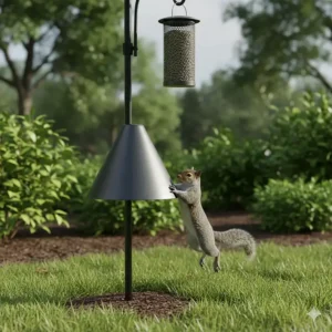 A torpedo-style squirrel baffle attached to a metal bird feeder pole to prevent climbing.