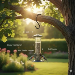 An illustration showing a simple, S-shaped bird feeder hook draped securely over a sturdy tree branch.