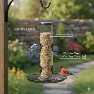 Illustration of a circular seed catcher tray mounted to the base of a clear tube bird feeder.