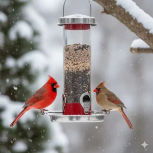 A metal tube bird feeder featuring extra-wide perches designed specifically for larger birds like cardinals.