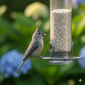 A small Tufted Titmouse grabbing a single safflower seed from a tube feeder in a backyard setting.