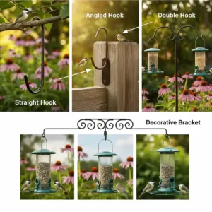 Visual comparison of the various types of bird feeder hooks, including straight, angled, and double-sided designs.