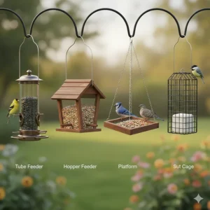 An illustration showing four different types of hanging bird feeders: tube, hopper, platform, and suet cage.