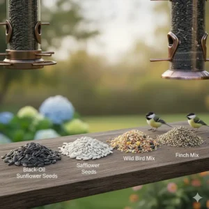 A graphic illustrating different bird seed mixes commonly used in hanging feeders, including black-oil sunflower and safflower seeds.