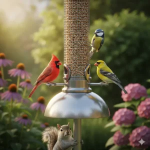 A variety of colorful backyard birds, like finches and cardinals, safely enjoying seed from a high-quality squirrel proof bird feeder.