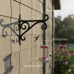 Decorative, forged iron wall-mounted bird feeder hook bracket bolted into the side of a house.