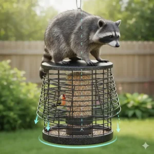 Illustration showing a weight-sensitive raccoon resistant bird feeder closing its ports under the weight of a heavy animal.