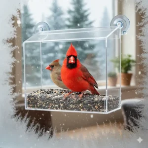 A clear acrylic window bird feeder for cardinals attached to glass for up-close bird watching.