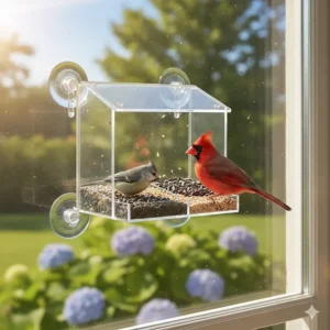 Small transparent bird feeder mounted securely to a window using suction cups, offering a close view of feeding birds.