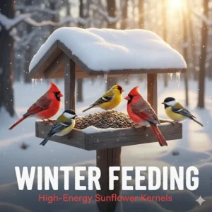 A winter scene showing birds eating high-energy sunflower kernels in the snow.