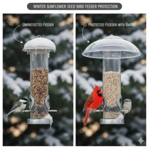 Illustration of a sunflower seed bird feeder with a protective baffle to keep seeds dry during rain and snow.