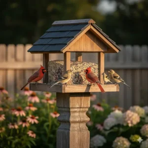 A classic wooden hopper bird feeder mounted directly onto the top of a decorative 4x4 post, offering protection from rain.