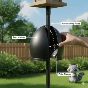 Illustration showing how a wrap-around raccoon baffle snaps together without removing the bird feeder.