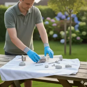Clean bird feeder components laid out on a towel in the sun to dry completely before refilling.