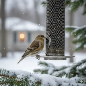 An American Goldfinch in dull olive winter plumage eating from a bird feeder during the cold season.