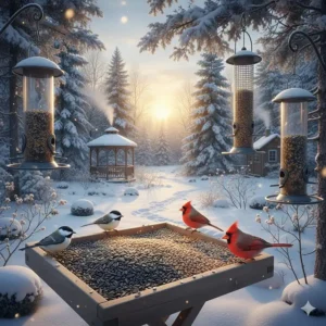 A cozy backyard winter bird feeding setup with multiple stations surrounded by evergreen trees and snow.
