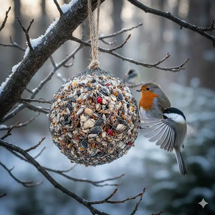 A close-up of a high-energy suet ball filled with seeds and nuts hanging in a garden bird feeder.