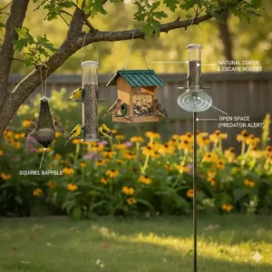 An illustration showing the ideal height and safe location to hang bird feeders for finches near natural cover.