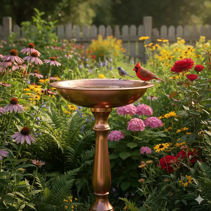 A polished standing copper bird bath bowl on a pedestal in a sunny summer garden with flowers.