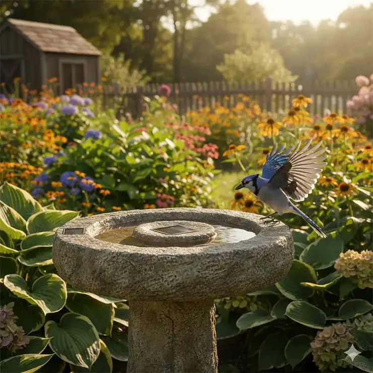 A stone solar heated bird bath in a sunlit garden with a blue jay landing on the rim.