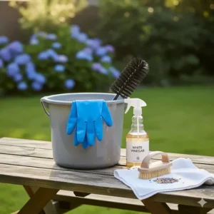 A collection of cleaning supplies including white vinegar, a bucket, a scrub brush, and gloves.