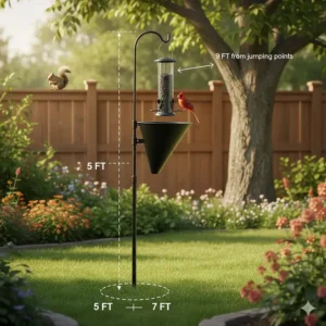 Illustration showing the 5-7-9 rule for hanging a squirrel proof bird feeder away from jumping points.