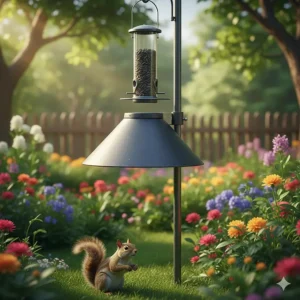 A metal bird feeder pole with a protective baffle to prevent squirrels from reaching the sunflower seeds.