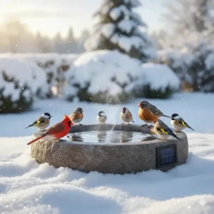 Illustration of various songbirds gathered around a steaming solar heated bird bath in the snow.