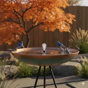 Several blue jays and robins splashing together in a spacious large bird bath.