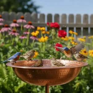 Small songbirds splashing in a shallow copper bird bath with a wide rim for perching.