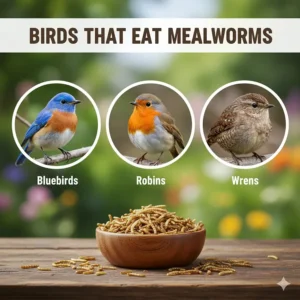 A guide featuring robins, bluebirds, and wrens that enjoy eating dried mealworms.