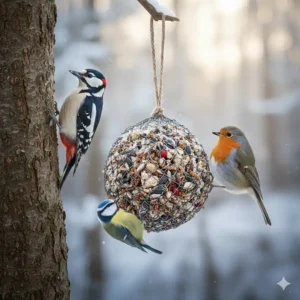 Illustration featuring a Woodpecker, Blue Tit, and Nuthatch attracted to a suet ball feeder.