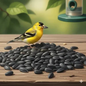 Illustration of black oil sunflower seeds, widely considered the best bird seed for wild birds due to high fat content.
